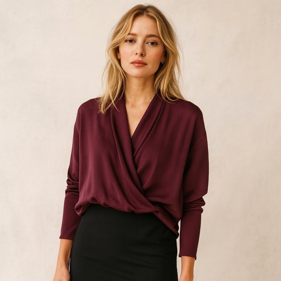 Babaton Silk Wrap Style Popover Blouse Dark Plum Sz M - Picture 1 of 7